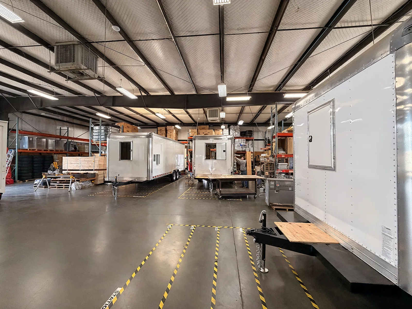 Food trailer shells under construction on the Golden State Trailers production floor