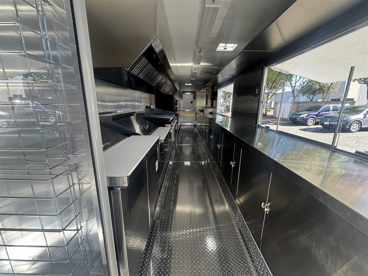 Stainless steel interior of a commercial mobile kitchen trailer
