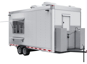 16 ft commercial food trailer with serving window, tandem axles, and rooftop ventilation.