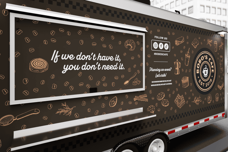Bobo’s Cafe 18-ft custom coffee trailer 3D wrap design close-up