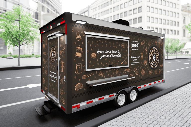 Three-quarter 3D wrap design of Bobo’s Cafe coffee trailer