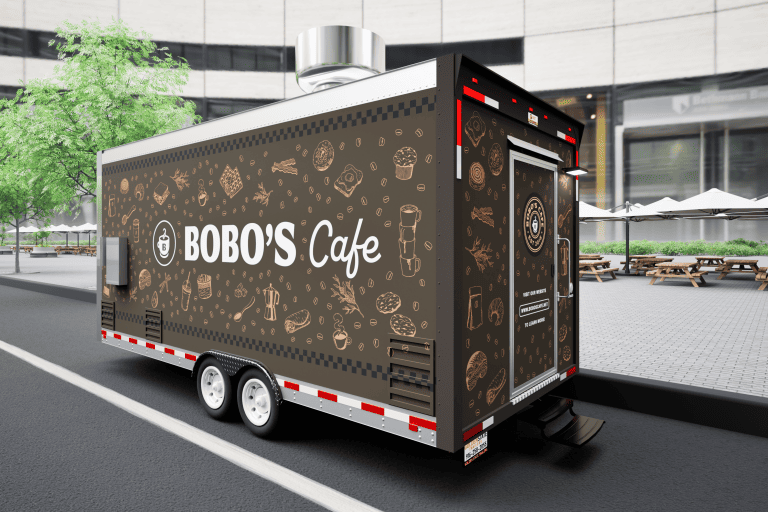 Rear-side 3D wrap design of Bobo’s Cafe 18-ft coffee trailer