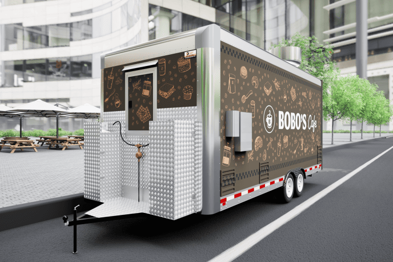 Front-side 3D wrap visualization of Bobo’s Cafe coffee trailer