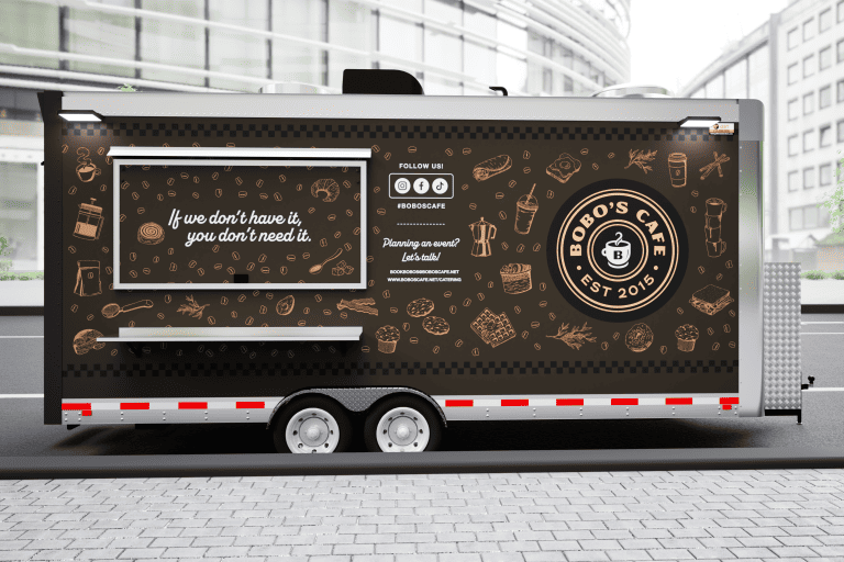Side profile 3D wrap design of Bobo’s Cafe custom coffee trailer
