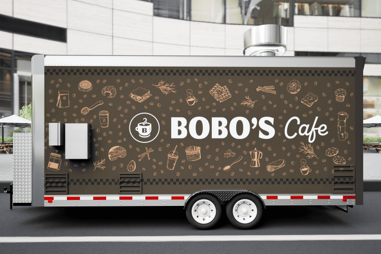 Opposite-side 3D wrap design of Bobo’s Cafe coffee trailer
