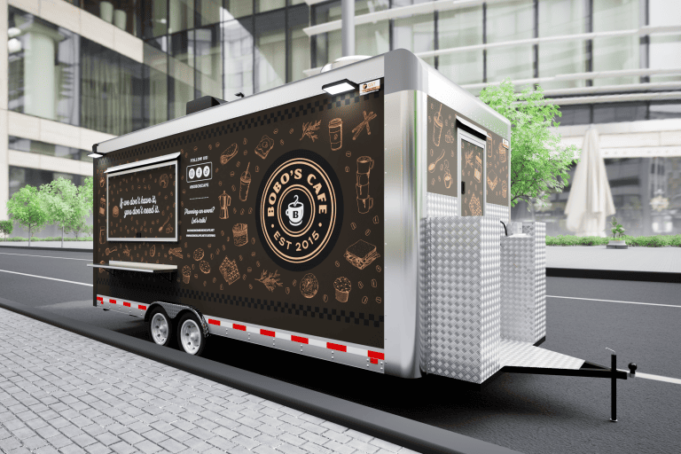 Bobo’s Cafe custom coffee trailer 3D wrap visualization