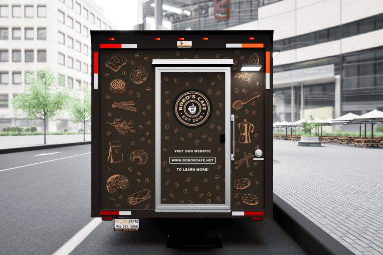 Rear 3D wrap design of Bobo’s Cafe coffee trailer