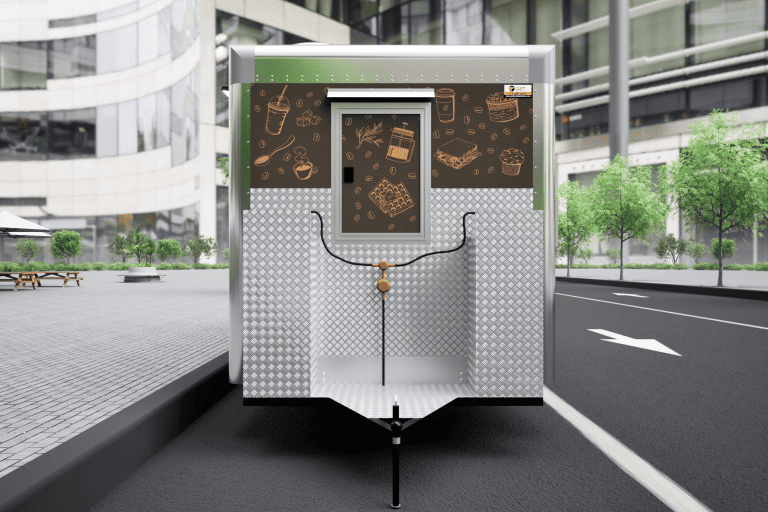 Front 3D wrap design of Bobo’s Cafe 18-ft custom coffee trailer