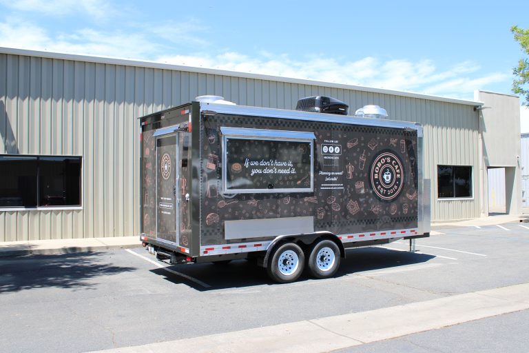 Completed Bobo’s Cafe 18-ft custom coffee trailer Three-quarter exterior view of the completed Bobo’s