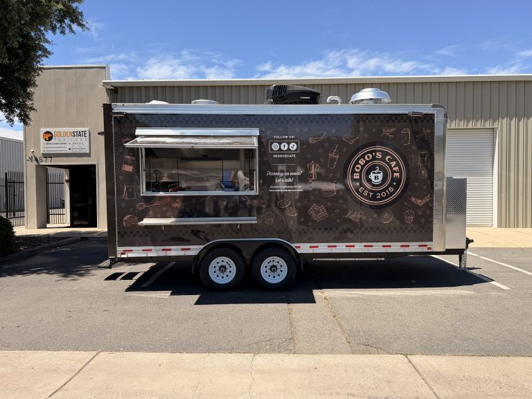Side view of Bobo’s Cafe 18-ft custom coffee trailer