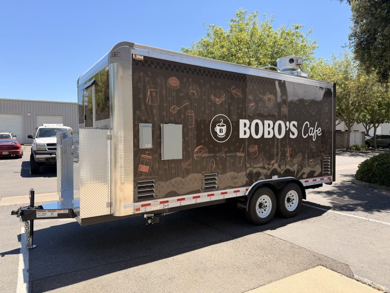 Bobo’s Cafe branded 18-ft custom coffee trailer exterior