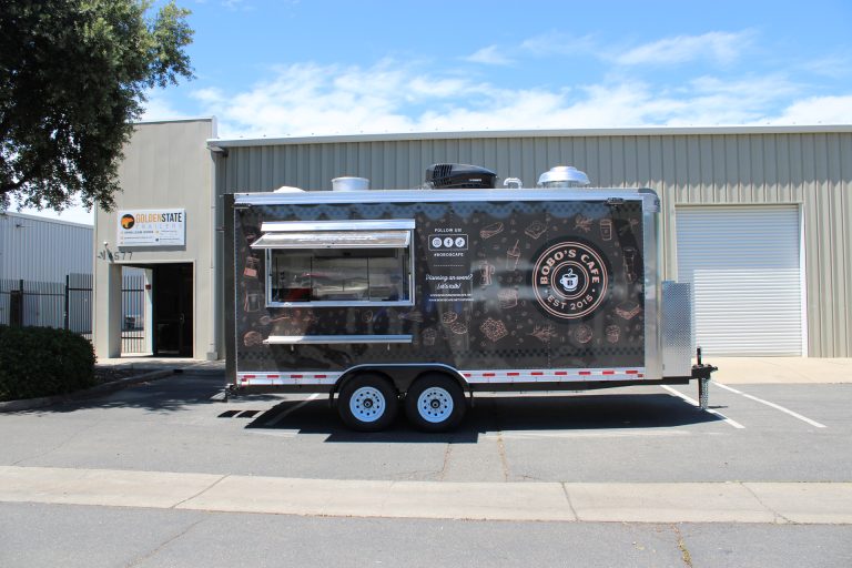 Side profile of Bobo’s Cafe custom coffee trailer