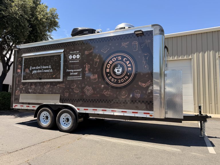 Service side of Bobo’s Cafe 18-ft custom coffee trailer
