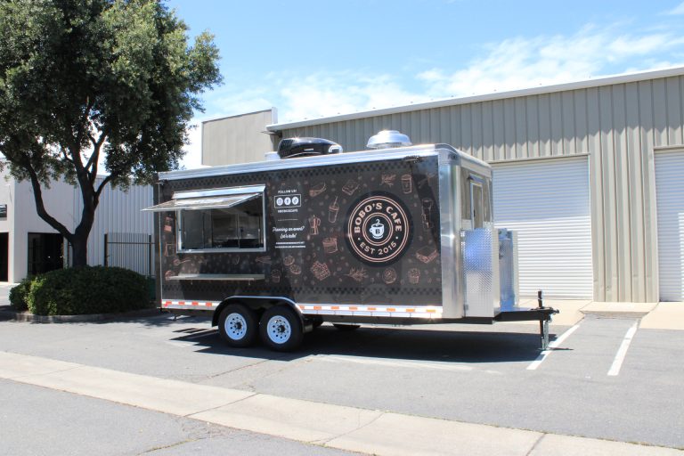 Service-side exterior of Bobo’s Cafe coffee trailer