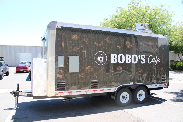 Branded side of Bobo’s Cafe 18-ft custom coffee trailer