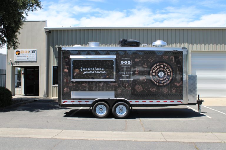 Service side of Bobo’s Cafe 18-ft custom coffee trailer