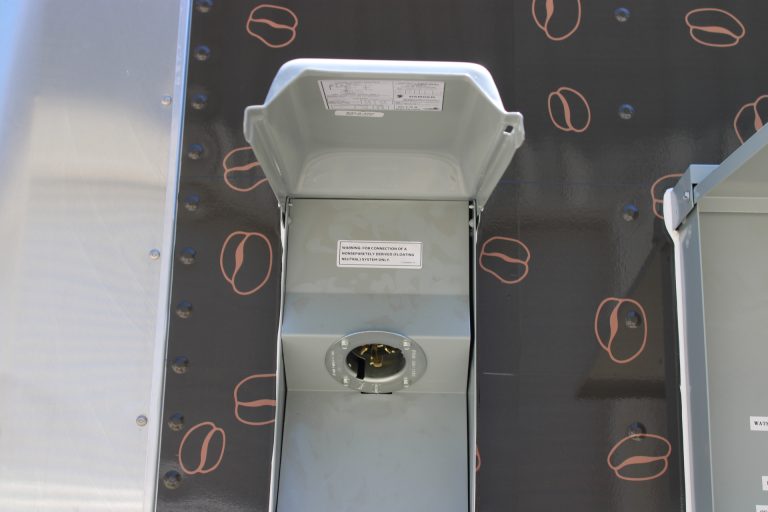 Electrical power inlet on Bobo’s Cafe custom coffee trailer