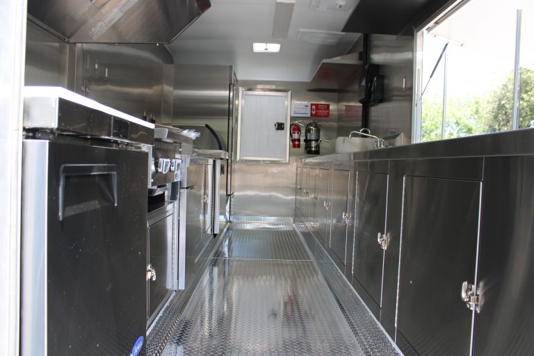 Interior kitchen of Bobo’s Cafe 18-ft custom coffee trailer