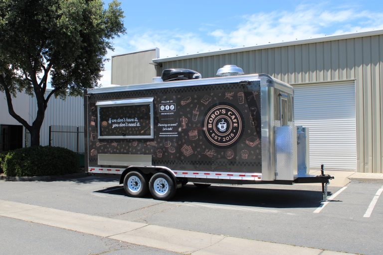 Bobo’s Cafe custom coffee trailer service-side exterior