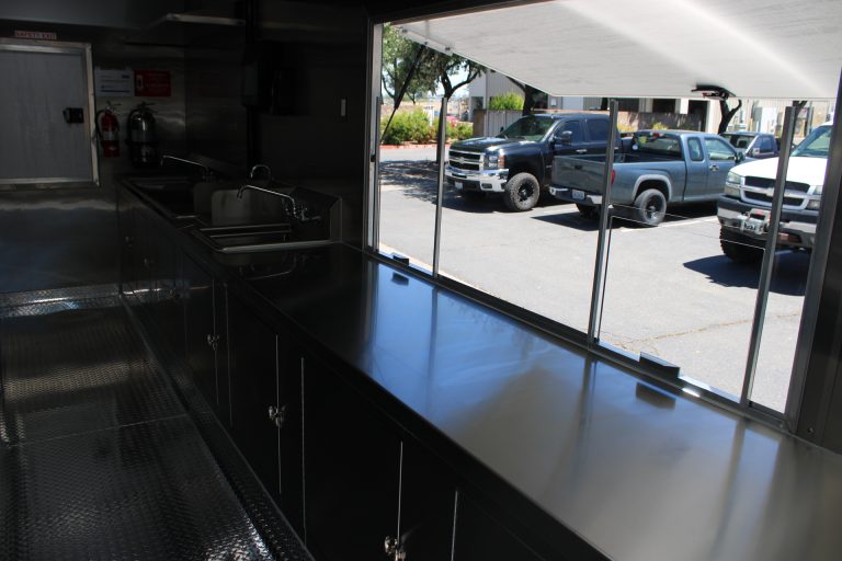 Service counter inside Bobo’s Cafe coffee trailer