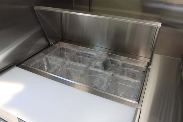 Refrigerated prep station in Bobo’s Cafe coffee trailer