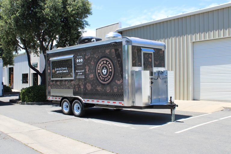Rear-side view of Bobo’s Cafe 18-ft coffee trailer