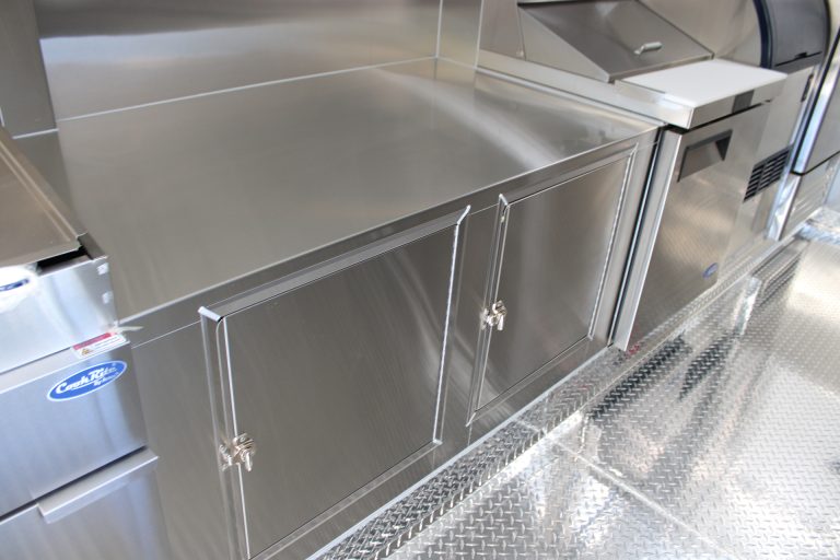 Stainless steel cabinet and work surface in Bobo’s Cafe trailer