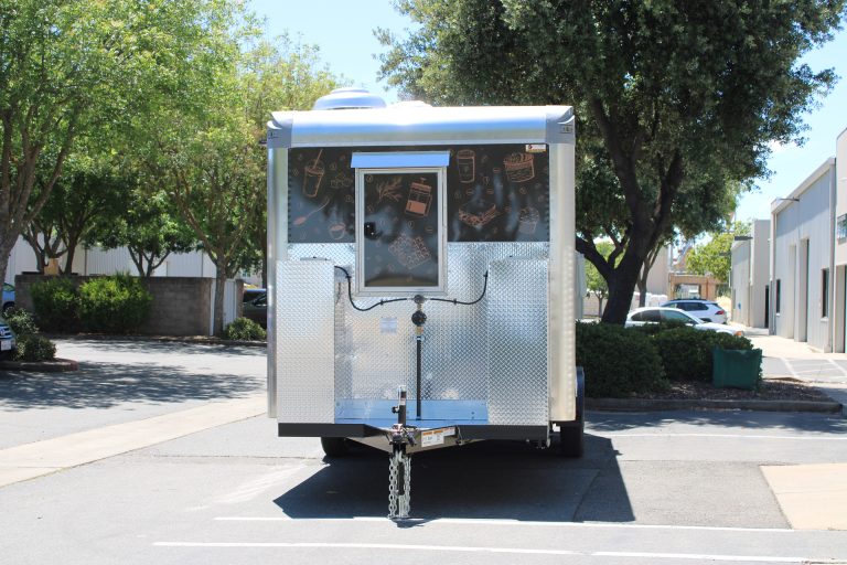 Rear view of Bobo’s Cafe 18-ft custom coffee trailer