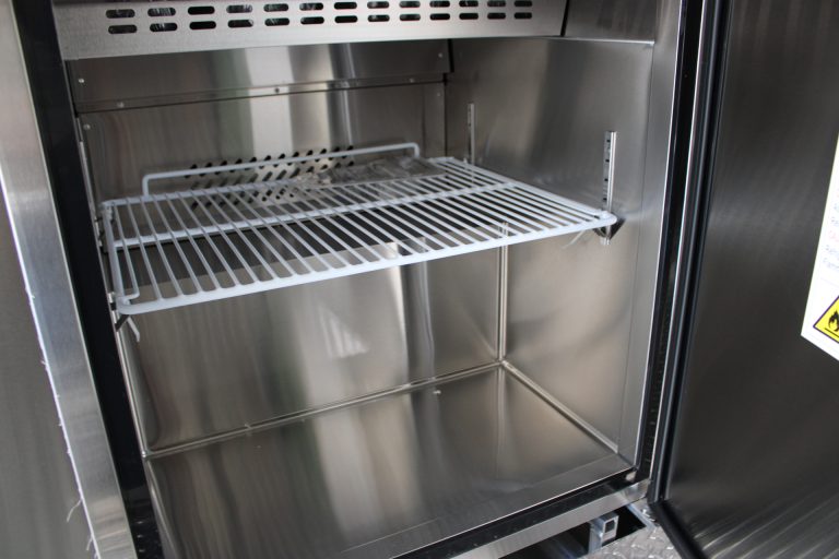 Refrigerator shelving inside Bobo’s Cafe coffee trailer