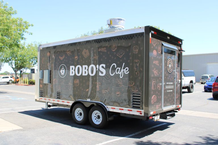 Rear three-quarter view of Bobo’s Cafe coffee trailer