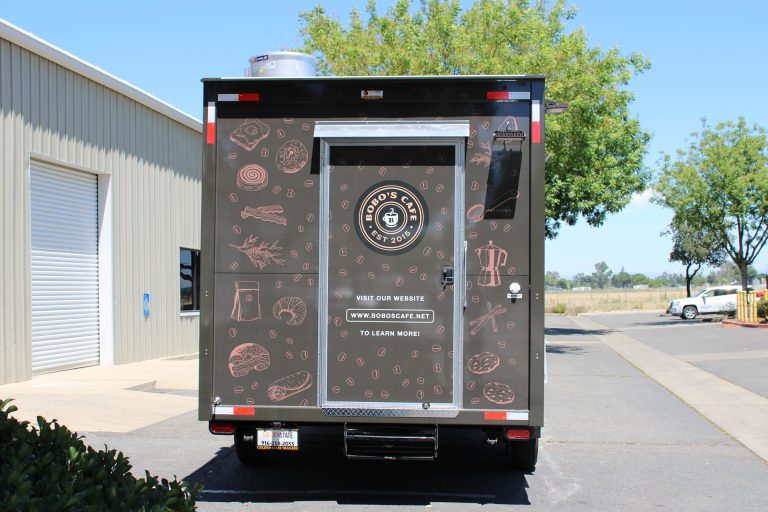 Completed Bobo’s Cafe coffee trailer rear exterior
