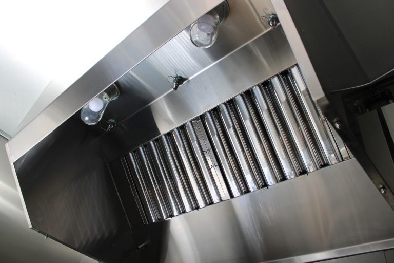 Commercial hood baffle filters inside Bobo’s Cafe coffee trailer