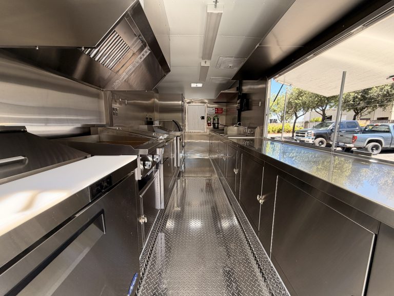 Interior kitchen of Bobo’s Cafe 18-ft custom coffee trailer