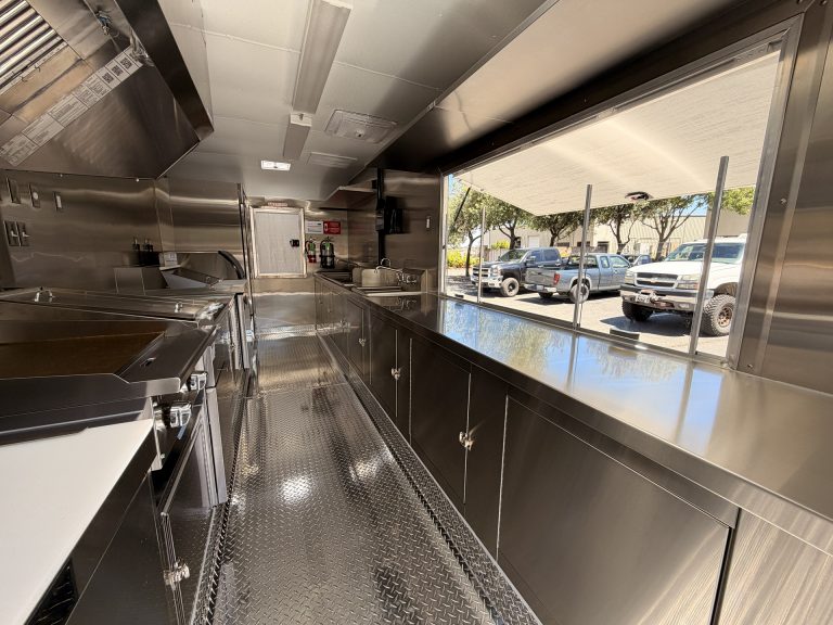 Bobo’s Cafe coffee trailer interior with service window