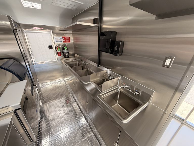Commercial sinks inside Bobo’s Cafe 18-ft coffee trailer