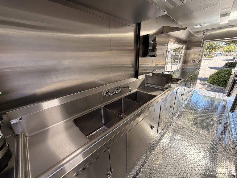Stainless steel sink line in Bobo’s Cafe custom coffee trailer