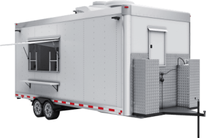 Custom commercial coffee trailer exterior with a white finish, serving window, and rear door.