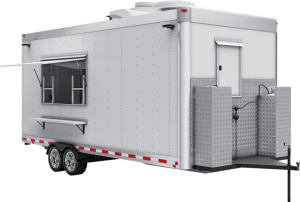 18 ft white commercial food trailer with serving window, exterior shelf, and tandem axles.