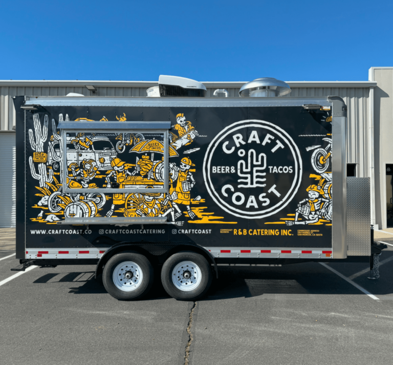 Custom 16ft taco food trailer black gold illustrated 3M vinyl wrap passenger side full view dual axle San Diego CA Golden State Trailers