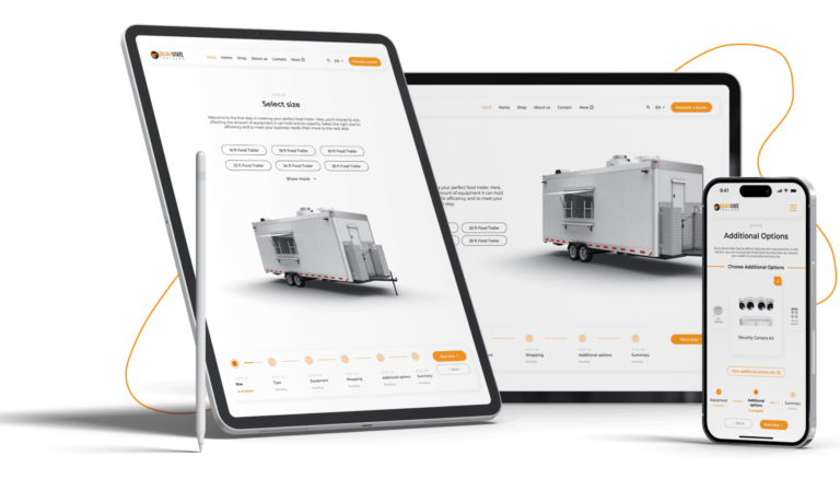 Golden State Trailers 3D trailer builder interface displayed on tablet and mobile devices dark background trailer configurator tool