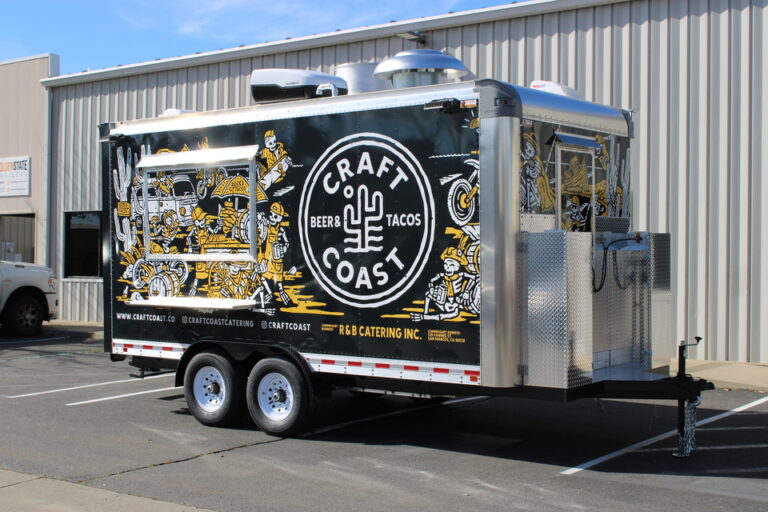 Custom 16ft taco food trailer black gold 3M vinyl wrap rear view with entry door rooftop ventilation and dual axle San Diego CA Golden State Trailers