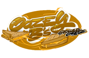 Oozey Bs Grilled Cheese food trailer brand logo gold graffiti style typography with grilled cheese sandwich graphic on dark background