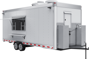 20 ft white commercial food trailer with serving window, tandem axles, and rooftop equipment.