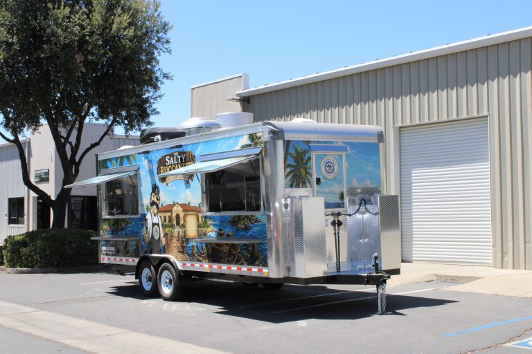 The Salty Buccaneer school food trailer front and service-side exterior view