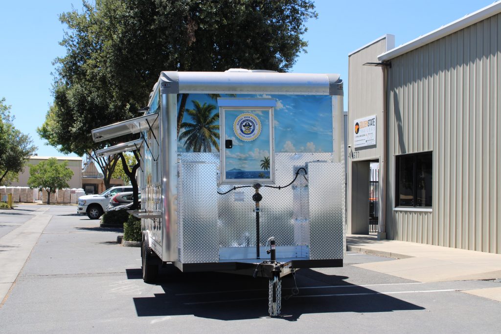 Rear view of The Salty Buccaneer 22-ft school food trailer