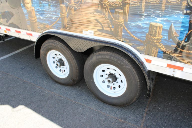 Dual axles on The Salty Buccaneer 22-ft school food trailer