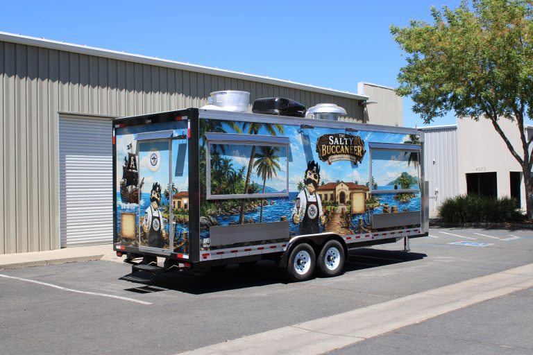 Front three-quarter view of The Salty Buccaneer 22-ft school food trailer