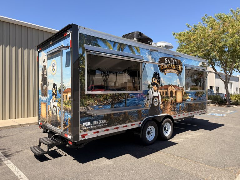 Three-quarter exterior view of The Salty Buccaneer 22-ft school food trailer