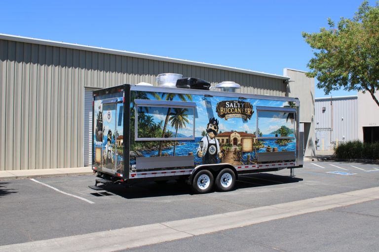 Three-quarter service-side view of The Salty Buccaneer school food trailer