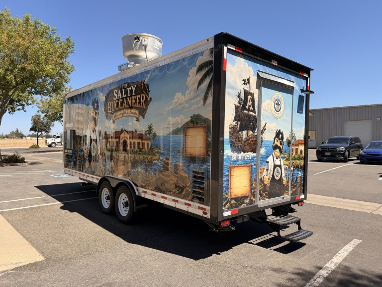 Rear three-quarter exterior view of The Salty Buccaneer school food trailer